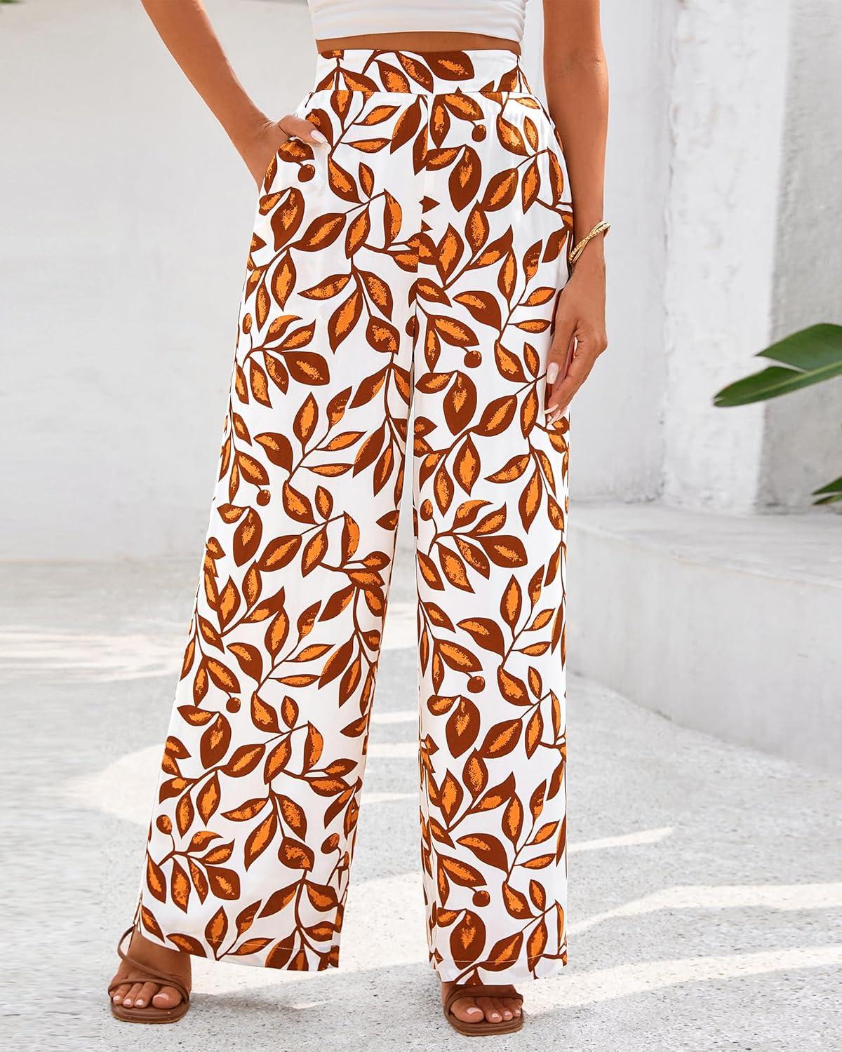 imageBTFBM Womens Wide Leg Summer Pants 2025 Boho Beach Vacation Loose Elastic Waist Printed Palazzo Pant PocketsPrint White Brown