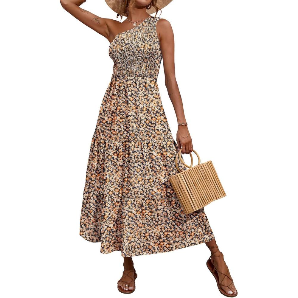 imageBTFBM 2026 Summer One Shoulder Dresses for Women Casual Spring Sleeveless Floral Flowy Smocked Boho Beach Maxi DressFloral Black Yellow
