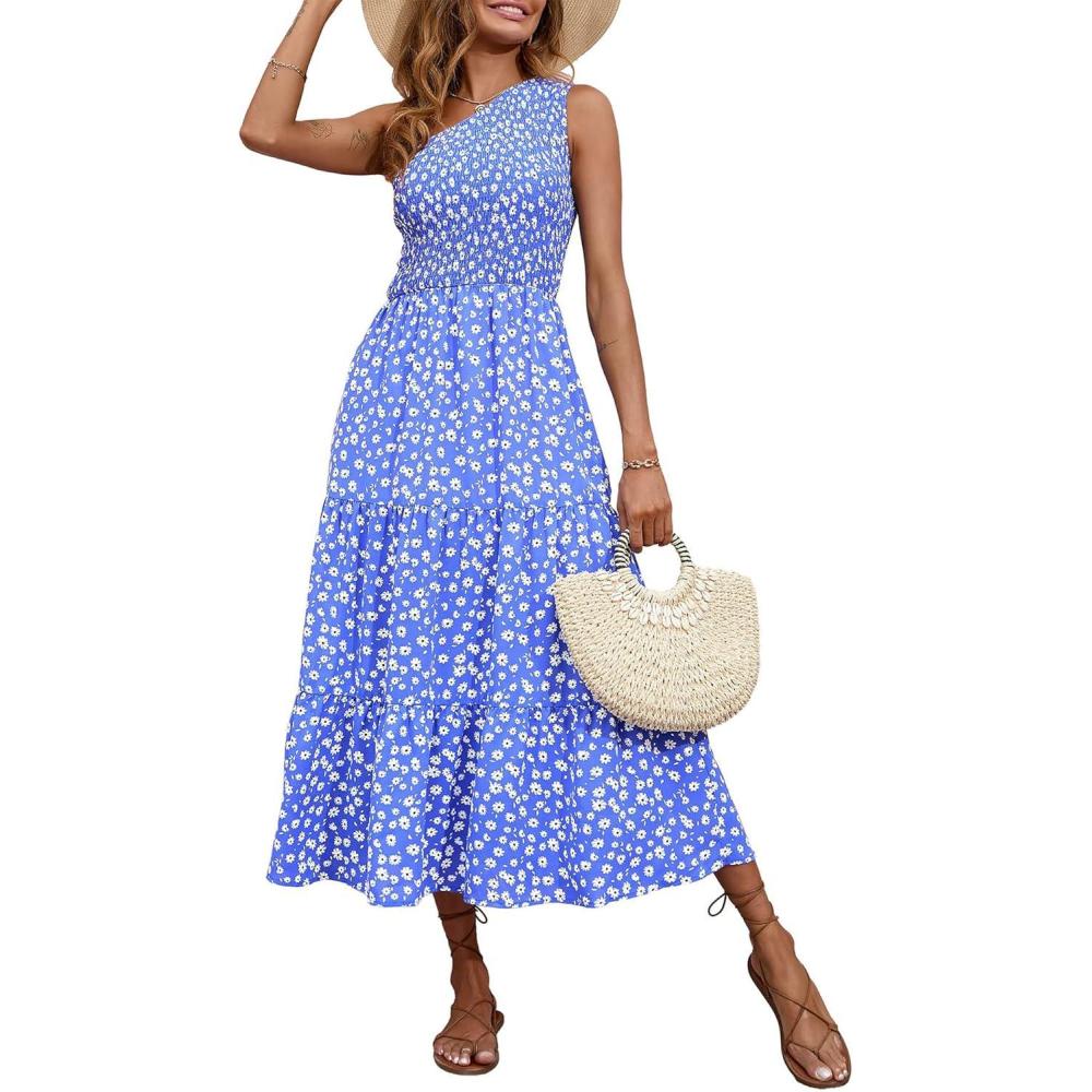 imageBTFBM 2026 Summer One Shoulder Dresses for Women Casual Spring Sleeveless Floral Flowy Smocked Boho Beach Maxi DressFloral Blue White