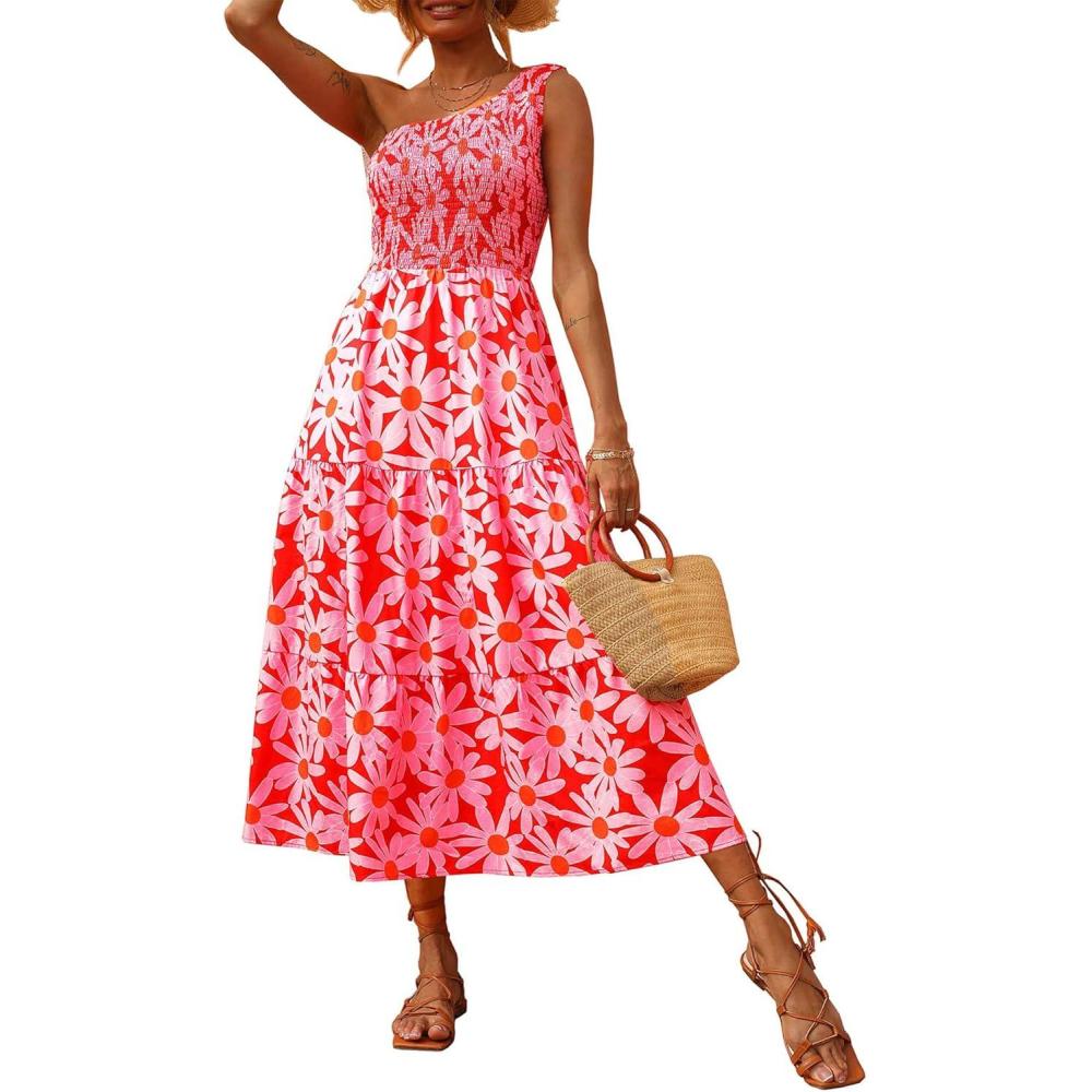 imageBTFBM 2026 Summer One Shoulder Dresses for Women Casual Spring Sleeveless Floral Flowy Smocked Boho Beach Maxi DressFloral Red