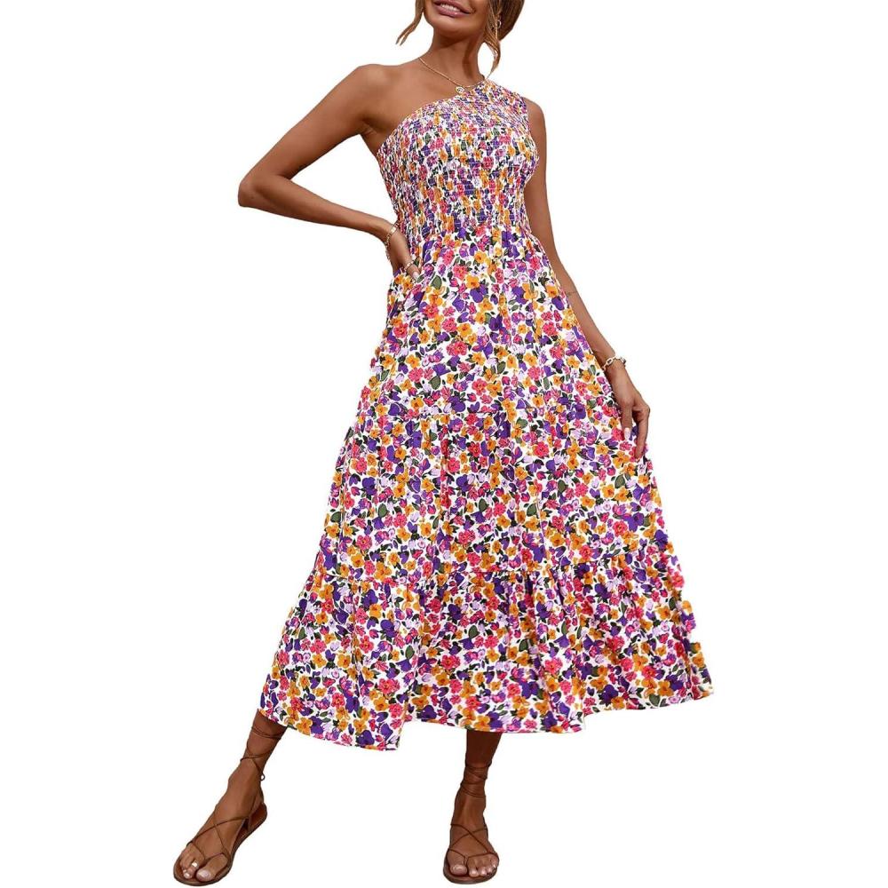 imageBTFBM 2026 Summer One Shoulder Dresses for Women Casual Spring Sleeveless Floral Flowy Smocked Boho Beach Maxi DressFloral White Purple