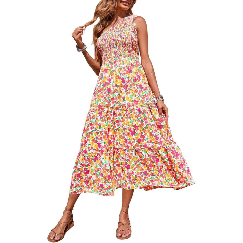 imageBTFBM 2026 Summer One Shoulder Dresses for Women Casual Spring Sleeveless Floral Flowy Smocked Boho Beach Maxi DressFloral White Red