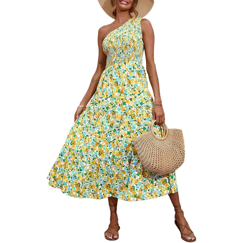 imageBTFBM 2026 Summer One Shoulder Dresses for Women Casual Spring Sleeveless Floral Flowy Smocked Boho Beach Maxi DressFloral White Yellow