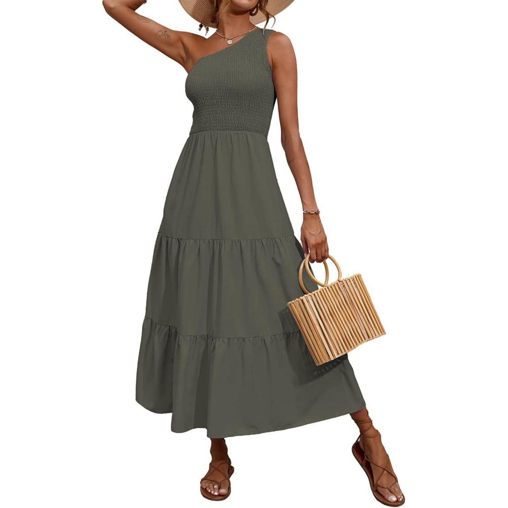 imageBTFBM 2026 Summer One Shoulder Dresses for Women Casual Spring Sleeveless Floral Flowy Smocked Boho Beach Maxi DressSolid Army Green