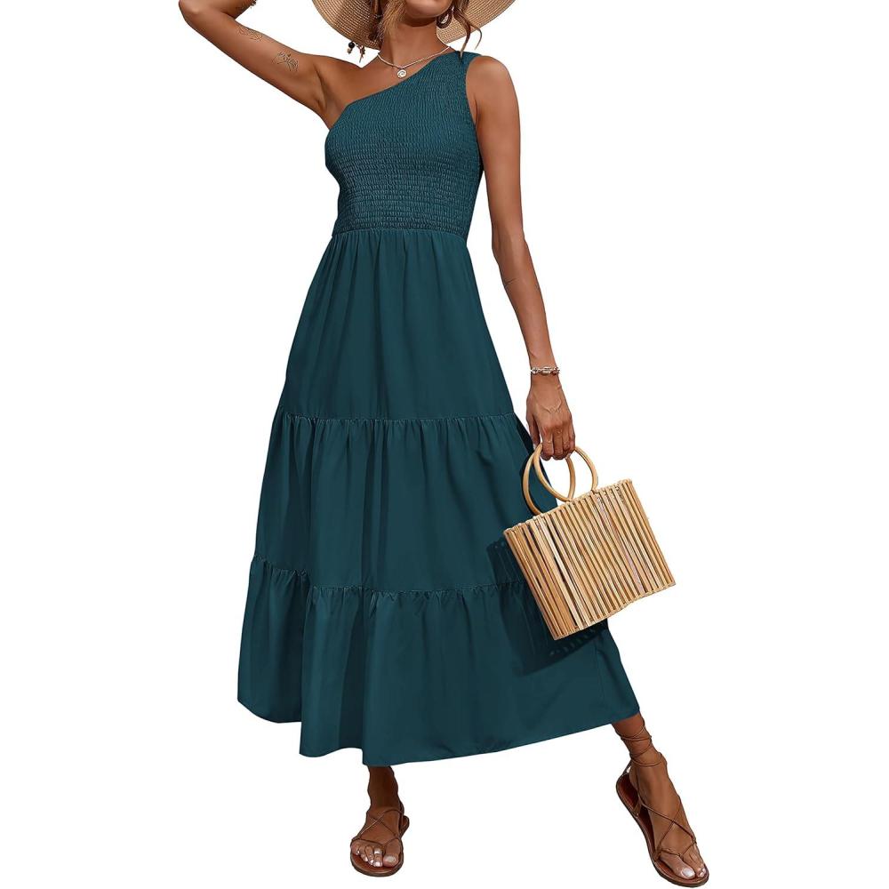 imageBTFBM 2026 Summer One Shoulder Dresses for Women Casual Spring Sleeveless Floral Flowy Smocked Boho Beach Maxi DressSolid Grey Blue
