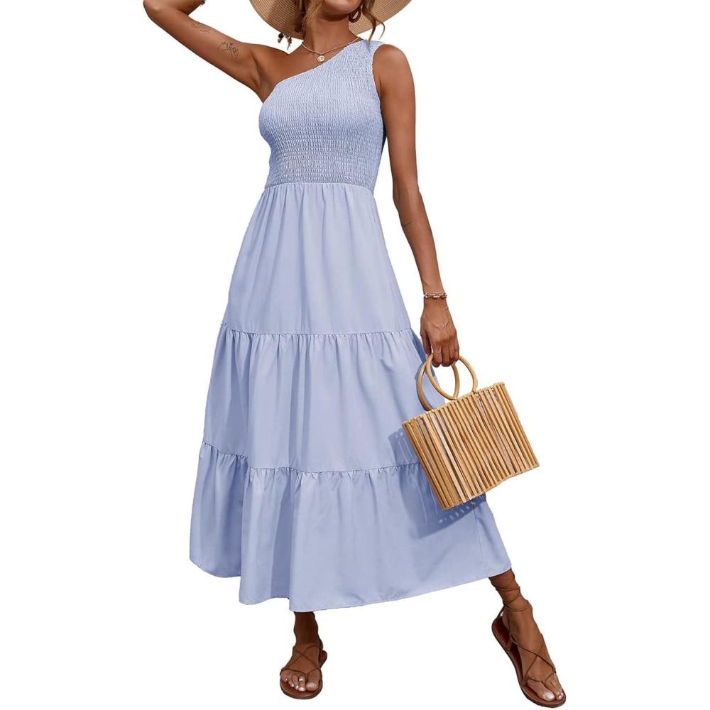 imageBTFBM 2026 Summer One Shoulder Dresses for Women Casual Spring Sleeveless Floral Flowy Smocked Boho Beach Maxi DressSolid Light Blue