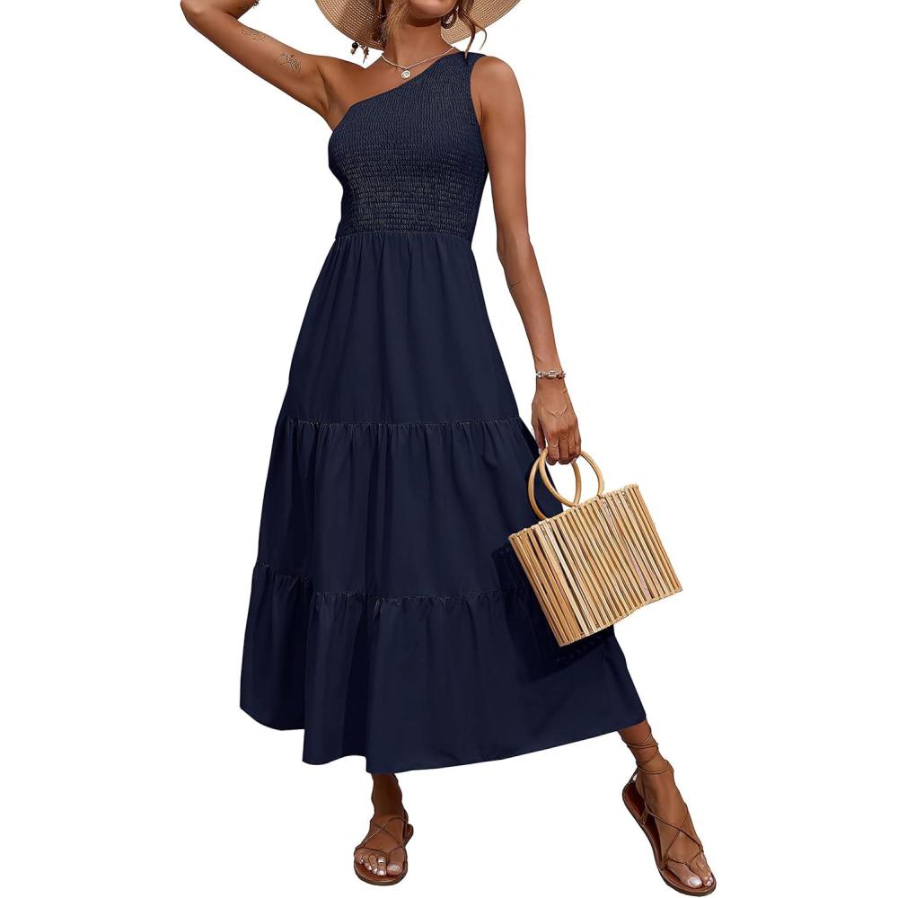 imageBTFBM 2026 Summer One Shoulder Dresses for Women Casual Spring Sleeveless Floral Flowy Smocked Boho Beach Maxi DressSolid Navy