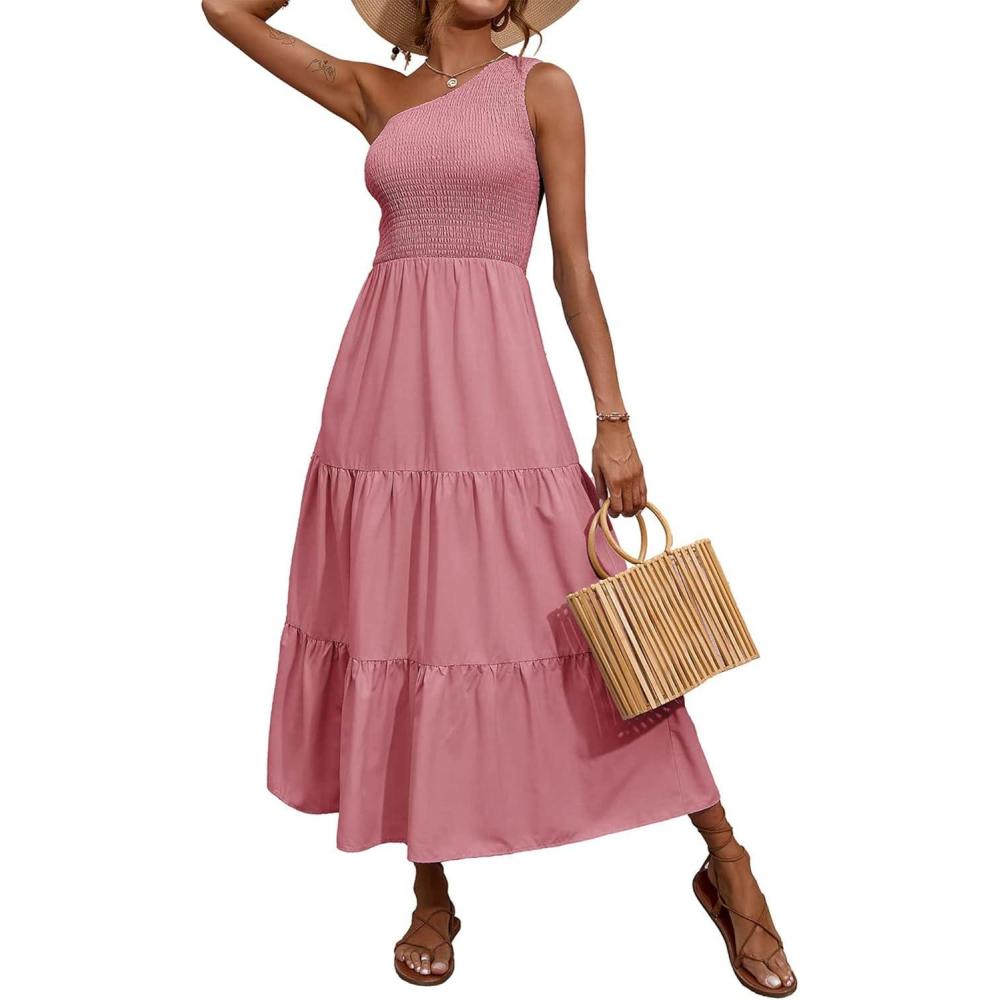 imageBTFBM 2026 Summer One Shoulder Dresses for Women Casual Spring Sleeveless Floral Flowy Smocked Boho Beach Maxi DressSolid Pink