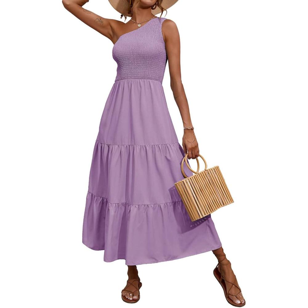 imageBTFBM 2026 Summer One Shoulder Dresses for Women Casual Spring Sleeveless Floral Flowy Smocked Boho Beach Maxi DressSolid Purple
