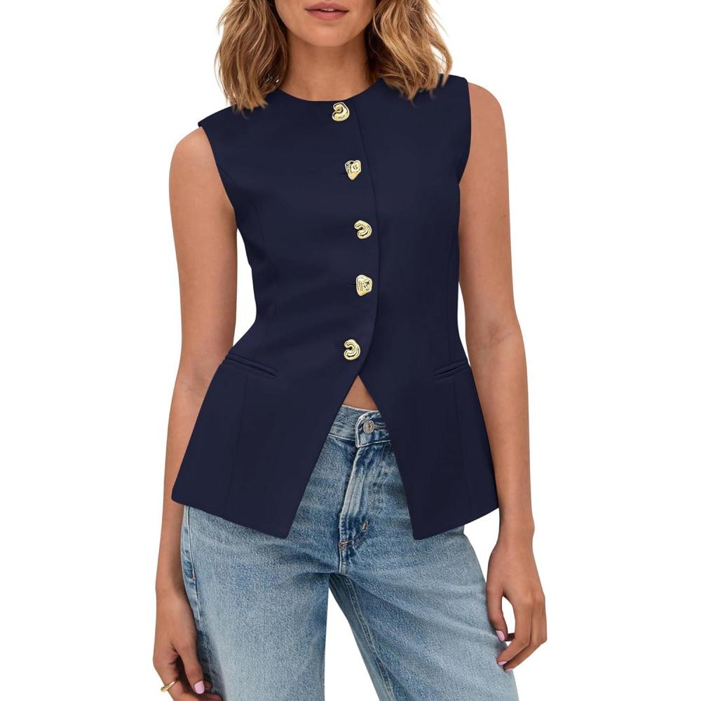 imageBTFBM Blazers for Women Vest Tops Business Casual Outfits Button Down Sleeveless Pockets Office Work Clothes Spring 2026Navy Blue