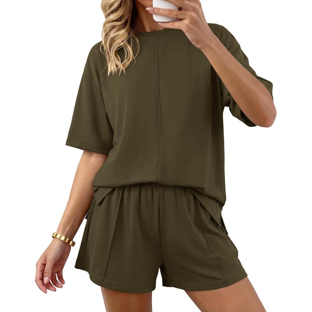 imageBTFBM Casual 2 Piece Sets For Women Summer 2026 Short Sleeve Tops Shorts Spring Lounge Matching Workout Airport OutfitsArmy Green