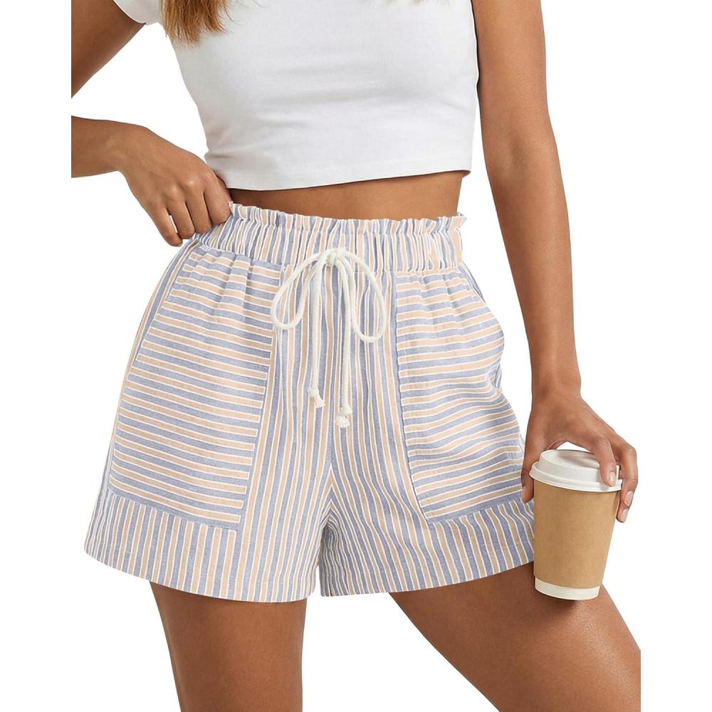 imageBTFBM Casual Striped Shorts for Women 2026 Spring Summer Elastic Waist Y2K Lounge Pajama Vacation Beach PJ Bottoms ClothesBeige