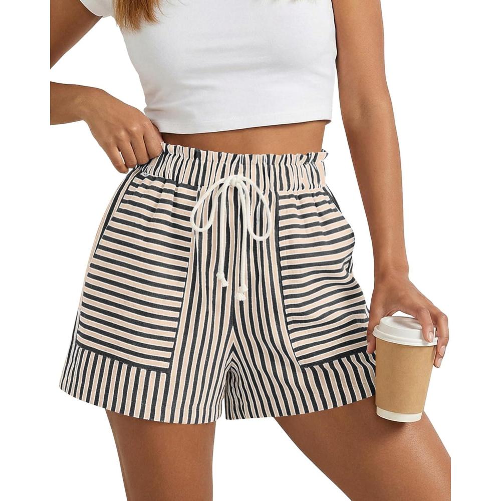 imageBTFBM Casual Striped Shorts for Women 2026 Spring Summer Elastic Waist Y2K Lounge Pajama Vacation Beach PJ Bottoms ClothesBlack