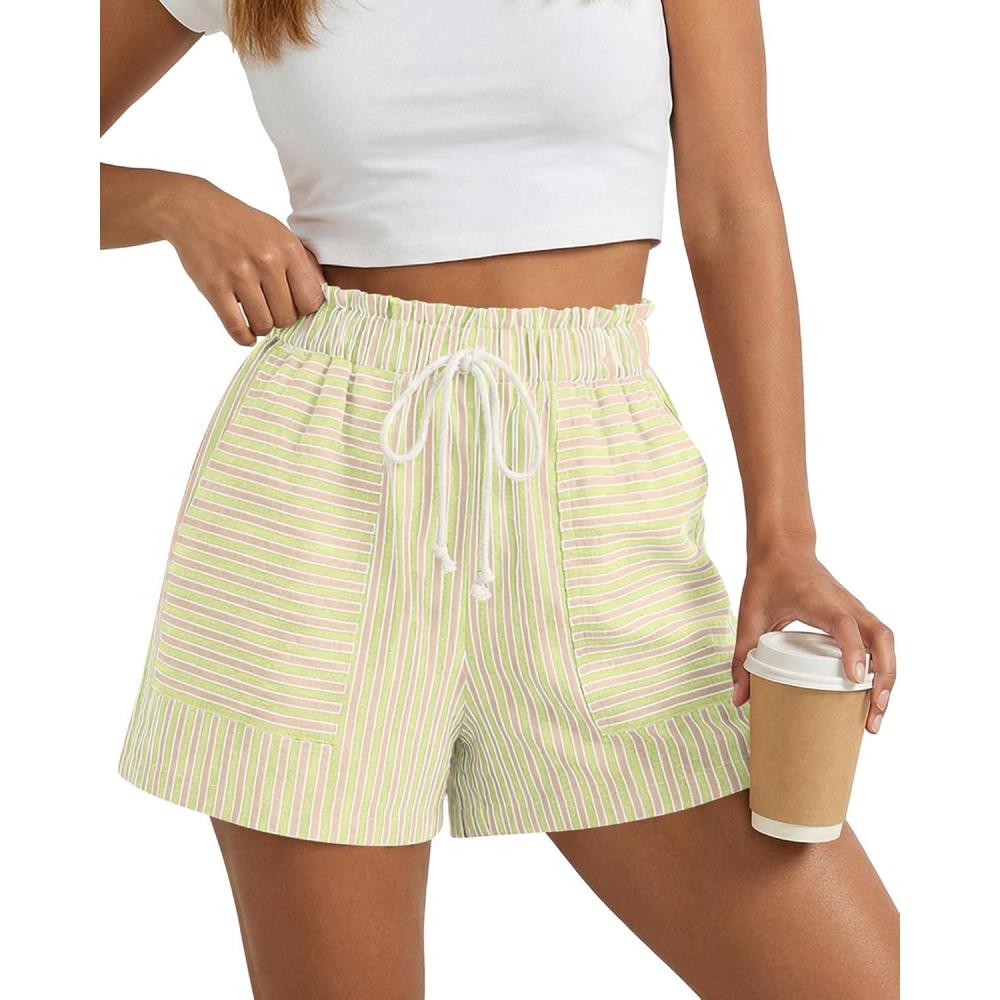 imageBTFBM Casual Striped Shorts for Women 2026 Spring Summer Elastic Waist Y2K Lounge Pajama Vacation Beach PJ Bottoms ClothesYellow