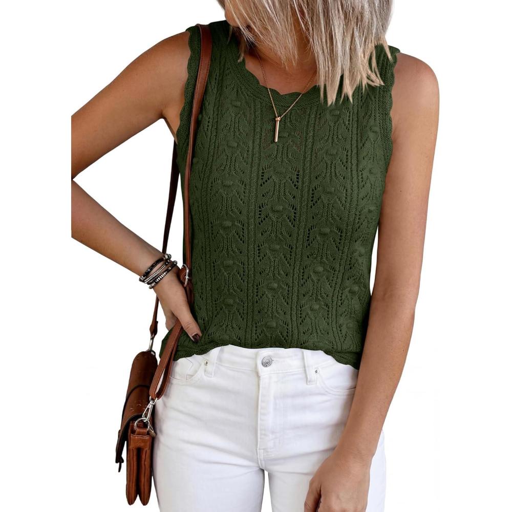 imageBTFBM Crochet Tank Tops for Women Sleeveless Knit Sweater Vest Top Summer Spring 2026 Cover Ups Beach Vacation ClothesArmy Green