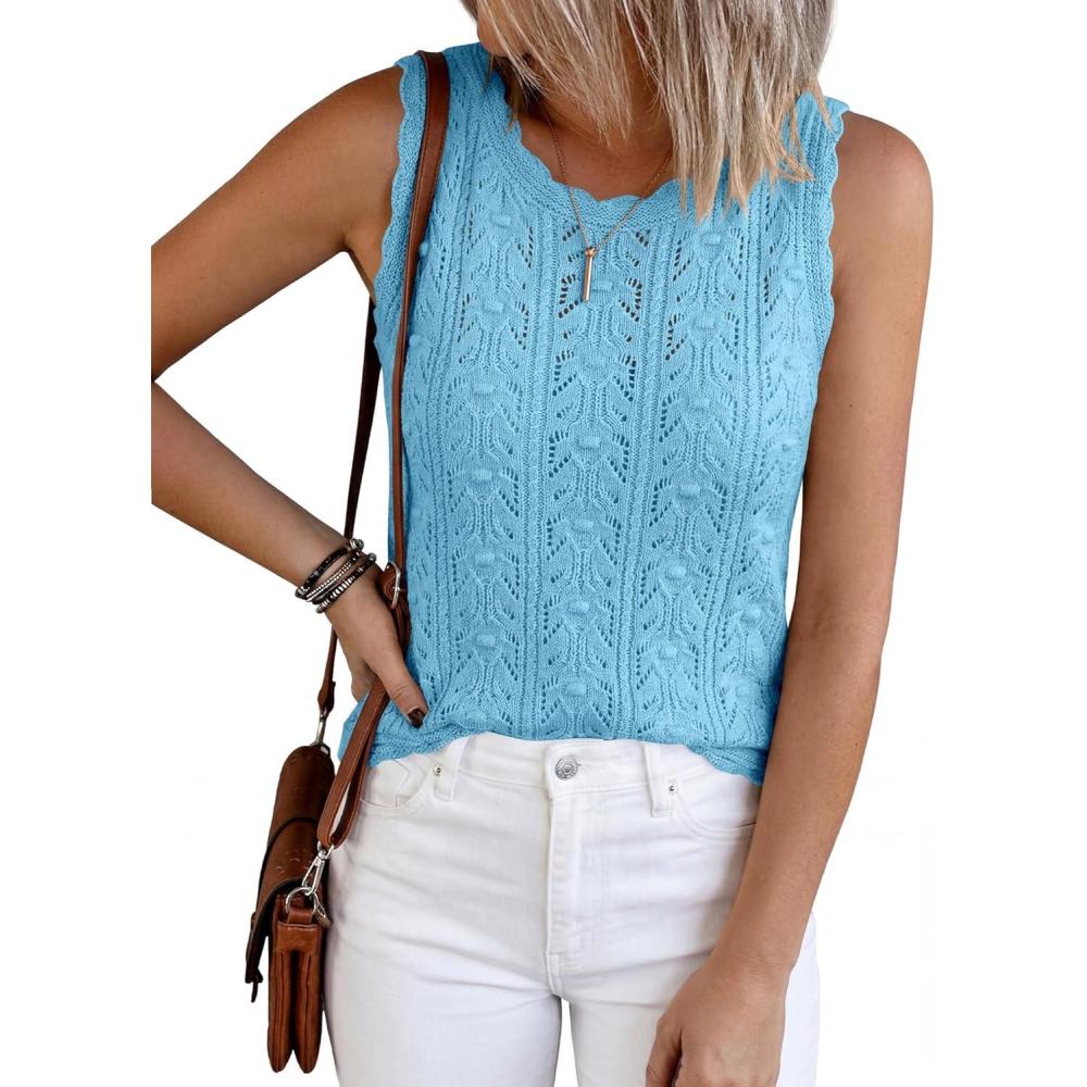 imageBTFBM Crochet Tank Tops for Women Sleeveless Knit Sweater Vest Top Summer Spring 2026 Cover Ups Beach Vacation ClothesBaby Blue