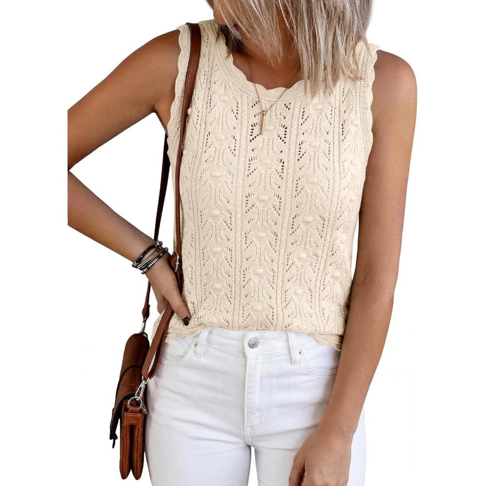 imageBTFBM Crochet Tank Tops for Women Sleeveless Knit Sweater Vest Top Summer Spring 2026 Cover Ups Beach Vacation ClothesBeige