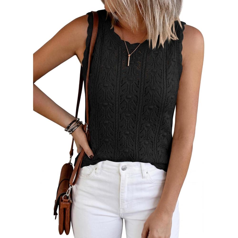 imageBTFBM Crochet Tank Tops for Women Sleeveless Knit Sweater Vest Top Summer Spring 2026 Cover Ups Beach Vacation ClothesBlack