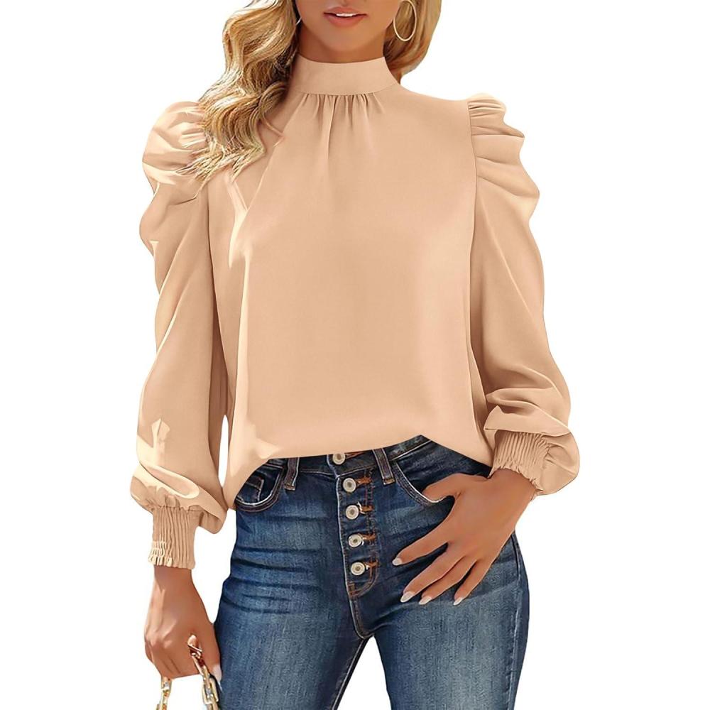 imageBTFBM Mock Neck Long Sleeve Blouses for Women Dressy Casual Business Work Shirts 2025 Spring Fall Clothes Satin TopsApricot