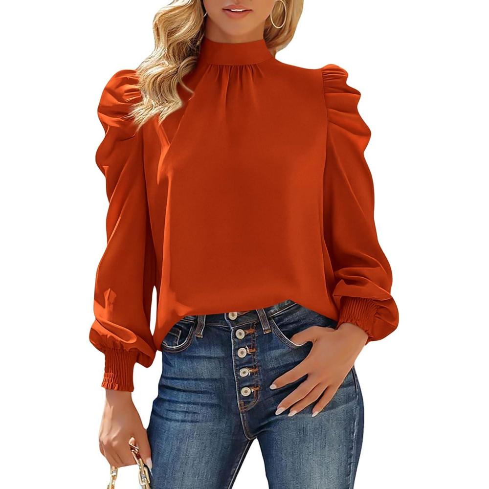imageBTFBM Mock Neck Long Sleeve Blouses for Women Dressy Casual Business Work Shirts 2025 Spring Fall Clothes Satin TopsBrick Red