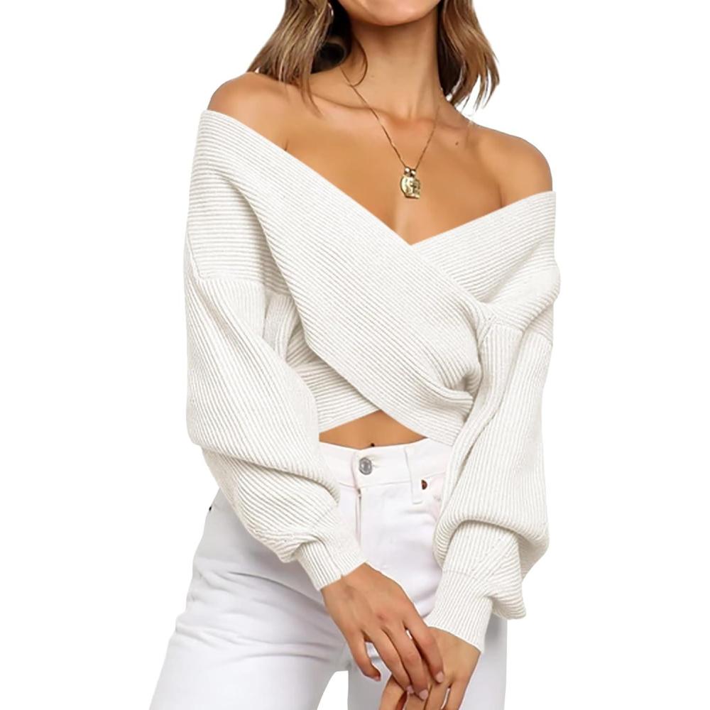 imageBTFBM Off The Shoulder Sweater for Women Winter Fall Fashion 2025 V Neck Long Sleeve Ribbed Knit Wrap Cropped Sweaters