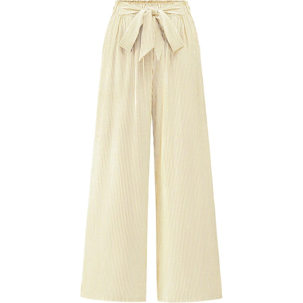 imageBTFBM Pants for Women 2026 Spring Clothes Striped High Waist Tie Knot Dressy Casual Wide Leg Palazzo Work Trousers PantsApricot