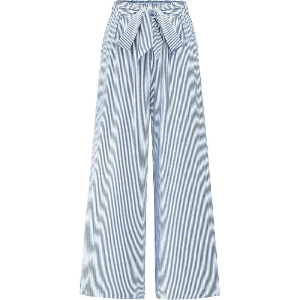 imageBTFBM Pants for Women 2026 Spring Clothes Striped High Waist Tie Knot Dressy Casual Wide Leg Palazzo Work Trousers PantsBlue