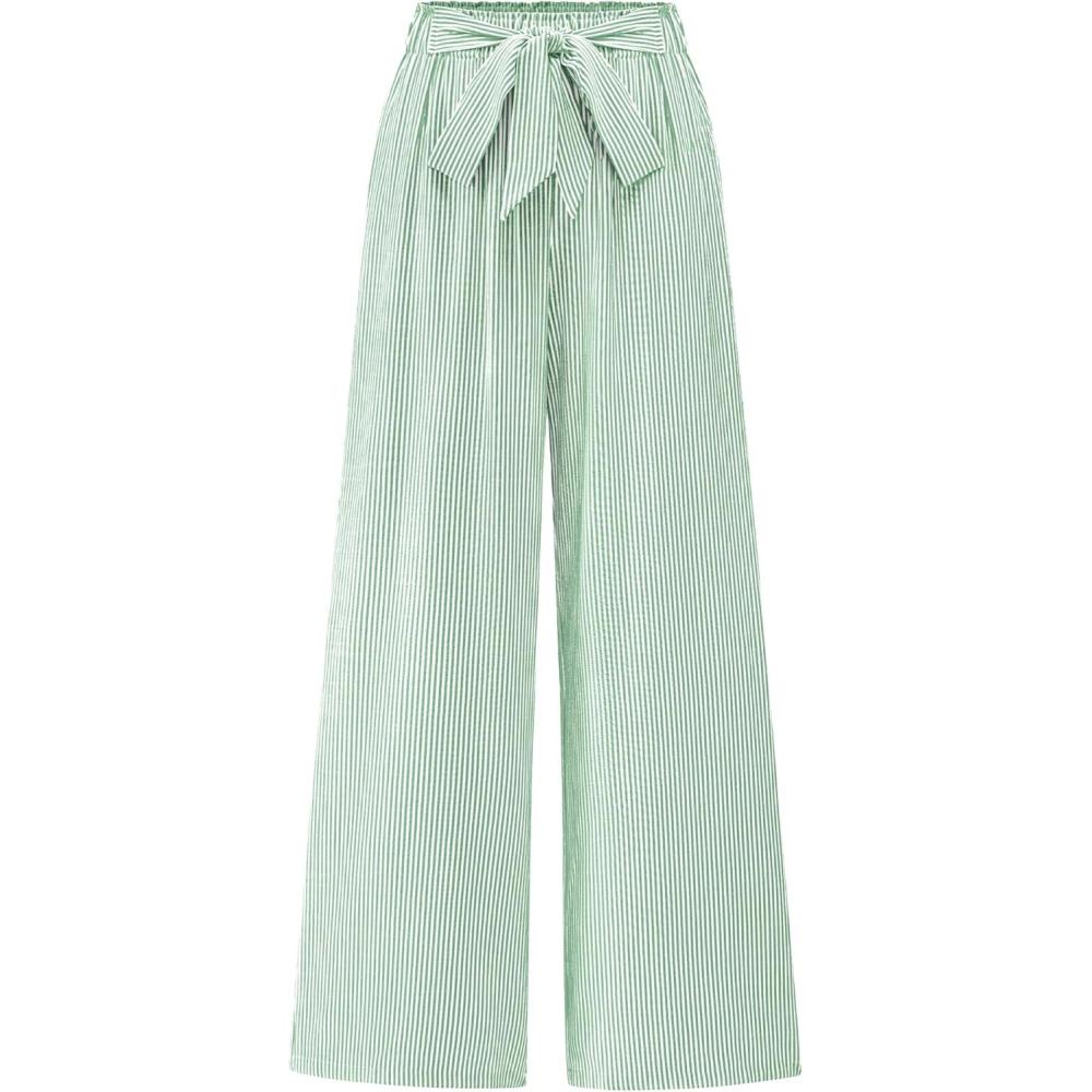 imageBTFBM Pants for Women 2026 Spring Clothes Striped High Waist Tie Knot Dressy Casual Wide Leg Palazzo Work Trousers PantsGreen