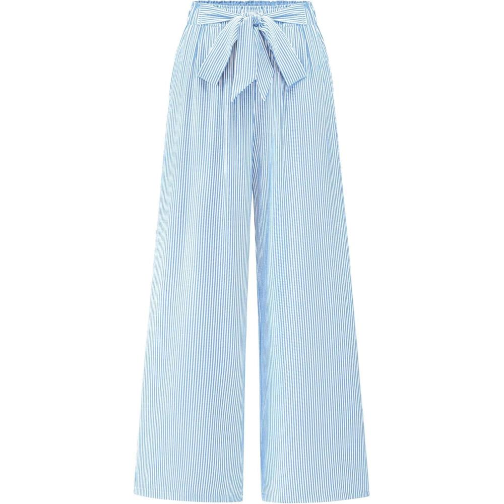 imageBTFBM Pants for Women 2026 Spring Clothes Striped High Waist Tie Knot Dressy Casual Wide Leg Palazzo Work Trousers PantsLight Blue