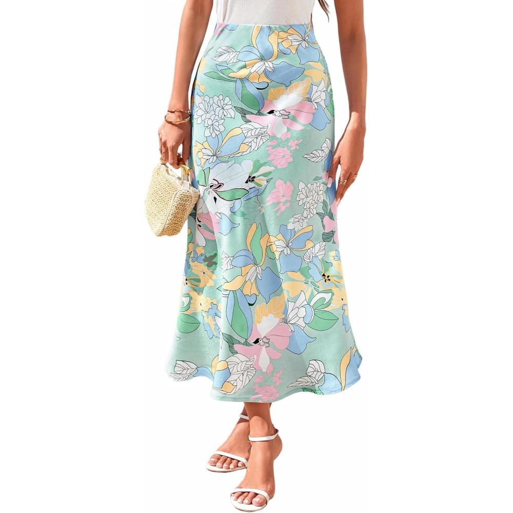 imageBTFBM Satin Skirts for Women Trendy Spring Summer 2026 High Waisted Leopard Print Cocktail Wedding Long Silk Midi SkirtBig Floral Light Blue