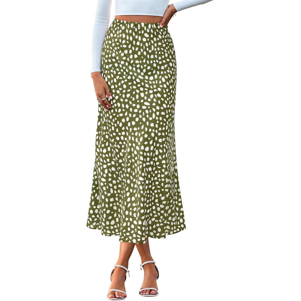 imageBTFBM Satin Skirts for Women Trendy Spring Summer 2026 High Waisted Leopard Print Cocktail Wedding Long Silk Midi SkirtDot Army Green White