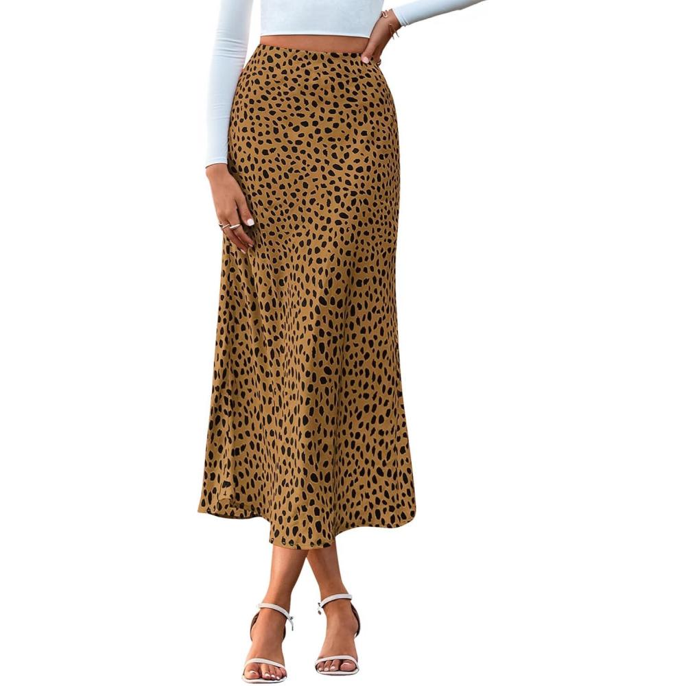 imageBTFBM Satin Skirts for Women Trendy Spring Summer 2026 High Waisted Leopard Print Cocktail Wedding Long Silk Midi SkirtDot Brown Black