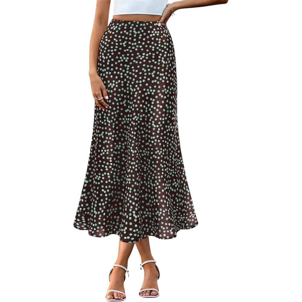 imageBTFBM Satin Skirts for Women Trendy Spring Summer 2026 High Waisted Leopard Print Cocktail Wedding Long Silk Midi SkirtDot Coffee Green