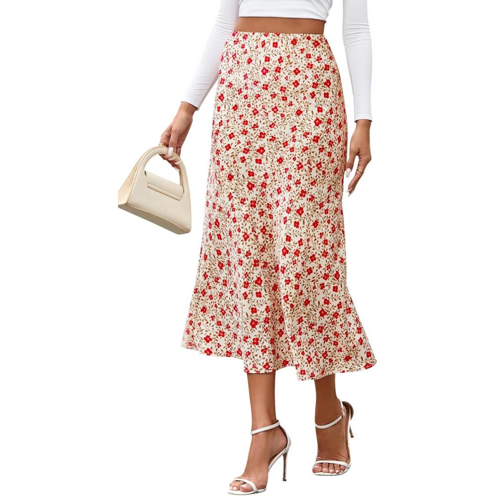 imageBTFBM Satin Skirts for Women Trendy Spring Summer 2026 High Waisted Leopard Print Cocktail Wedding Long Silk Midi SkirtFloral Apricot Red