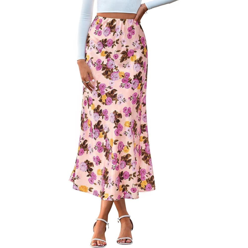 imageBTFBM Satin Skirts for Women Trendy Spring Summer 2026 High Waisted Leopard Print Cocktail Wedding Long Silk Midi SkirtFloral Pink