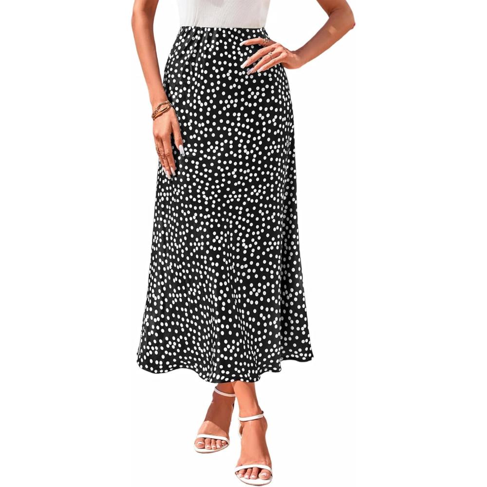 imageBTFBM Satin Skirts for Women Trendy Spring Summer 2026 High Waisted Leopard Print Cocktail Wedding Long Silk Midi SkirtPolka Dot Black White