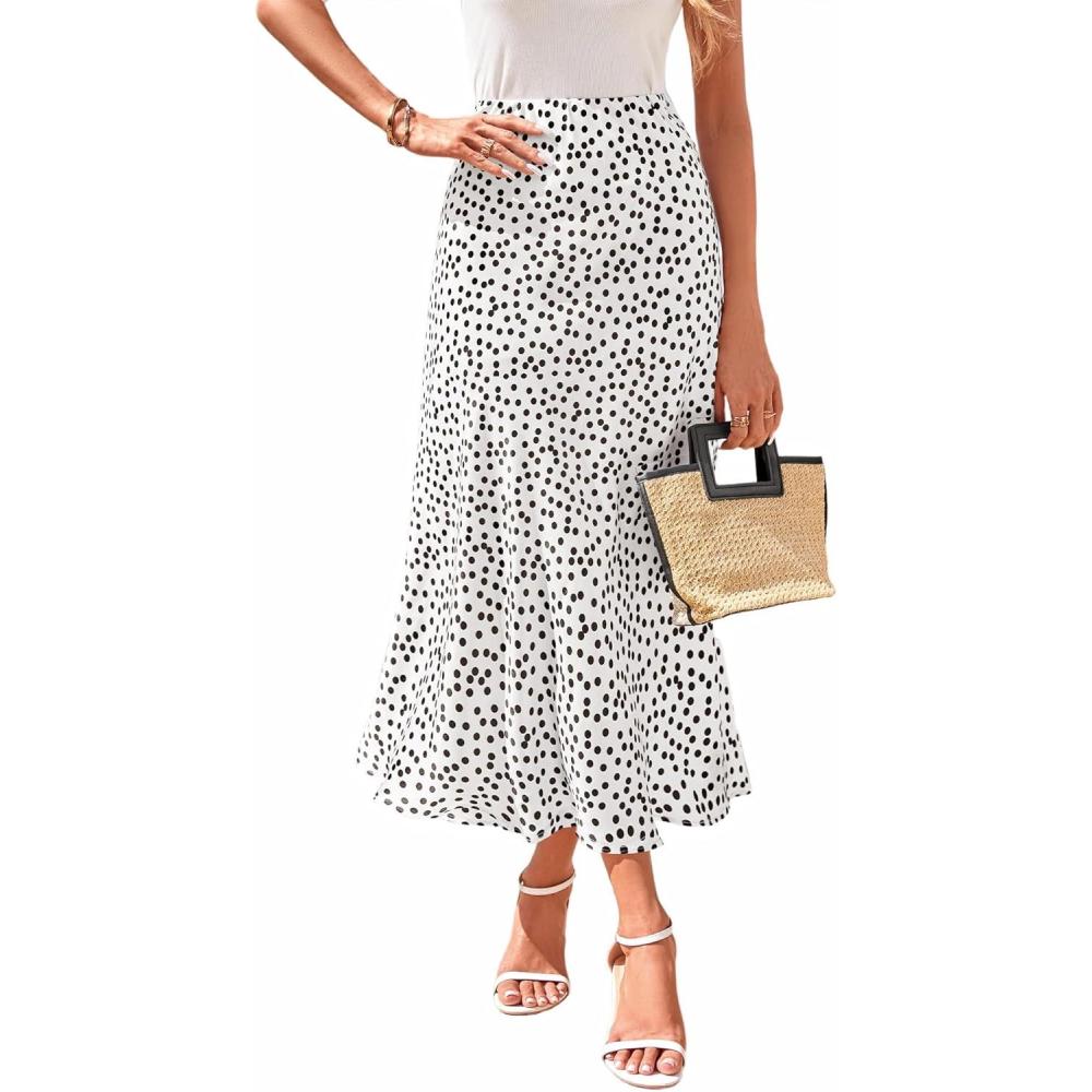 imageBTFBM Satin Skirts for Women Trendy Spring Summer 2026 High Waisted Leopard Print Cocktail Wedding Long Silk Midi SkirtPolka Dot White Black