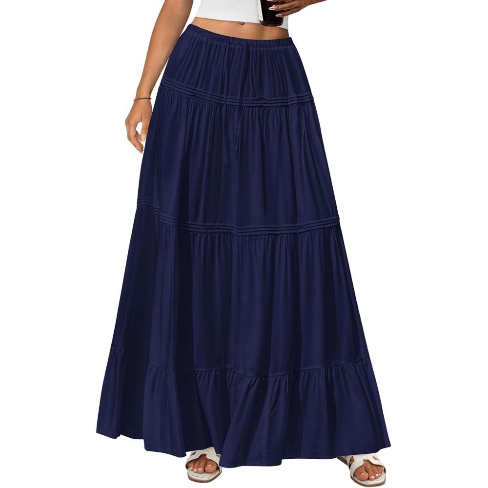 imageBTFBM Skirts for Women 2026 Summer Boho Beach Vacation Clothes Casual Pleated High Waisted Flowy Maxi SkirtNavy Blue