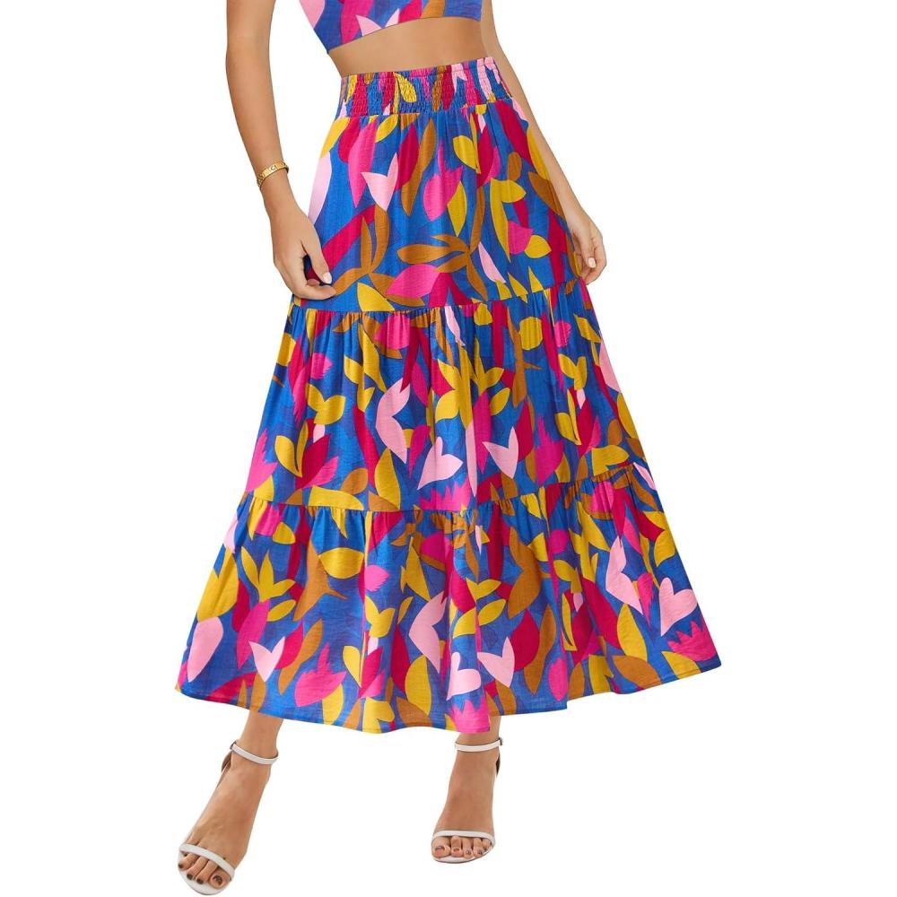 imageBTFBM Skirts for Women Floral Print Fall Fashion 2026 A Line Elastic High Waist Boho Holiday Maxi Skirt PocketsFloral Blue
