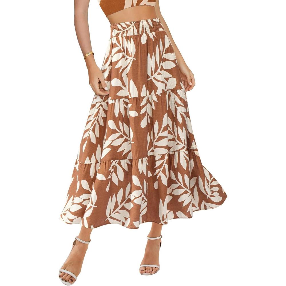 imageBTFBM Skirts for Women Floral Print Fall Fashion 2026 A Line Elastic High Waist Boho Holiday Maxi Skirt PocketsFloral Khaki