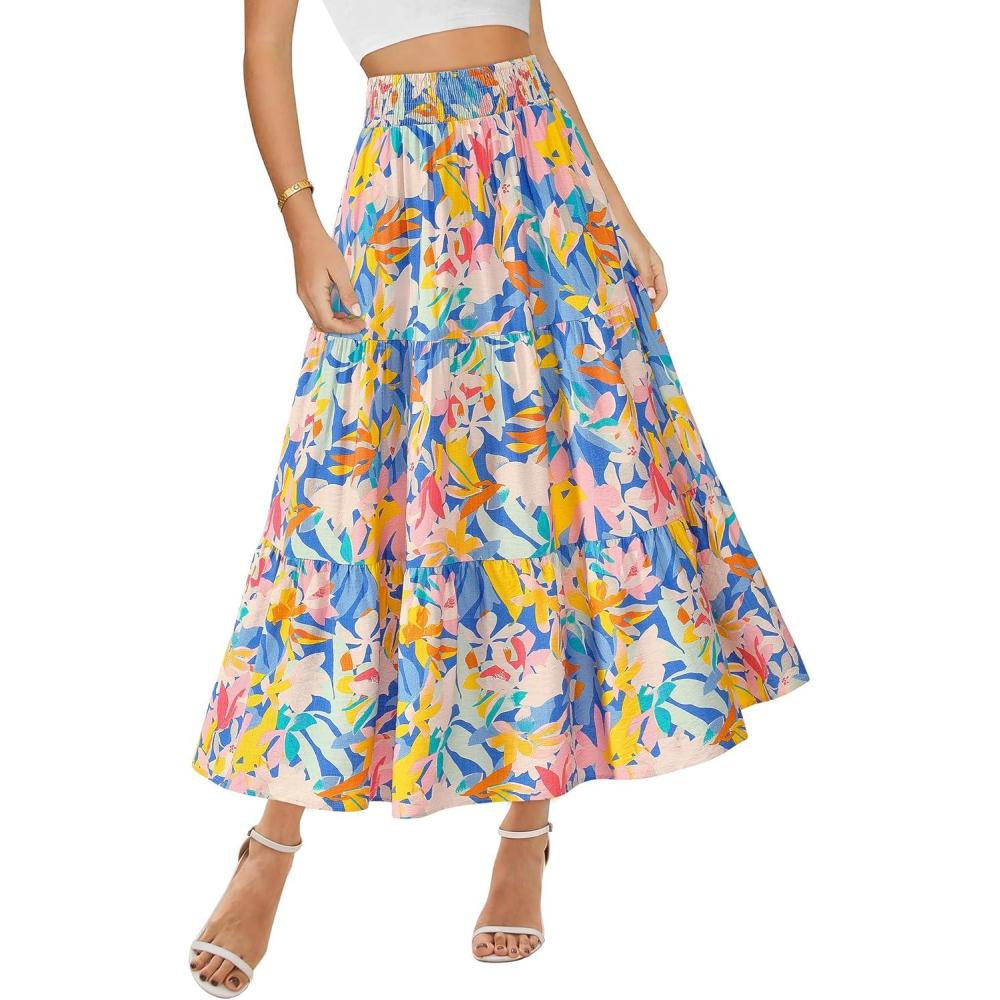 imageBTFBM Skirts for Women Floral Print Fall Fashion 2026 A Line Elastic High Waist Boho Holiday Maxi Skirt PocketsFloral Multicolour