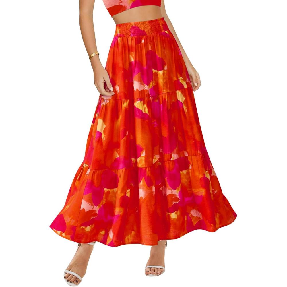 imageBTFBM Skirts for Women Floral Print Fall Fashion 2026 A Line Elastic High Waist Boho Holiday Maxi Skirt PocketsFloral Red