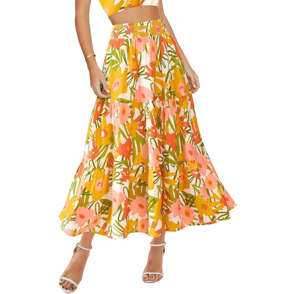 imageBTFBM Skirts for Women Floral Print Fall Fashion 2026 A Line Elastic High Waist Boho Holiday Maxi Skirt PocketsFloral White Yellow