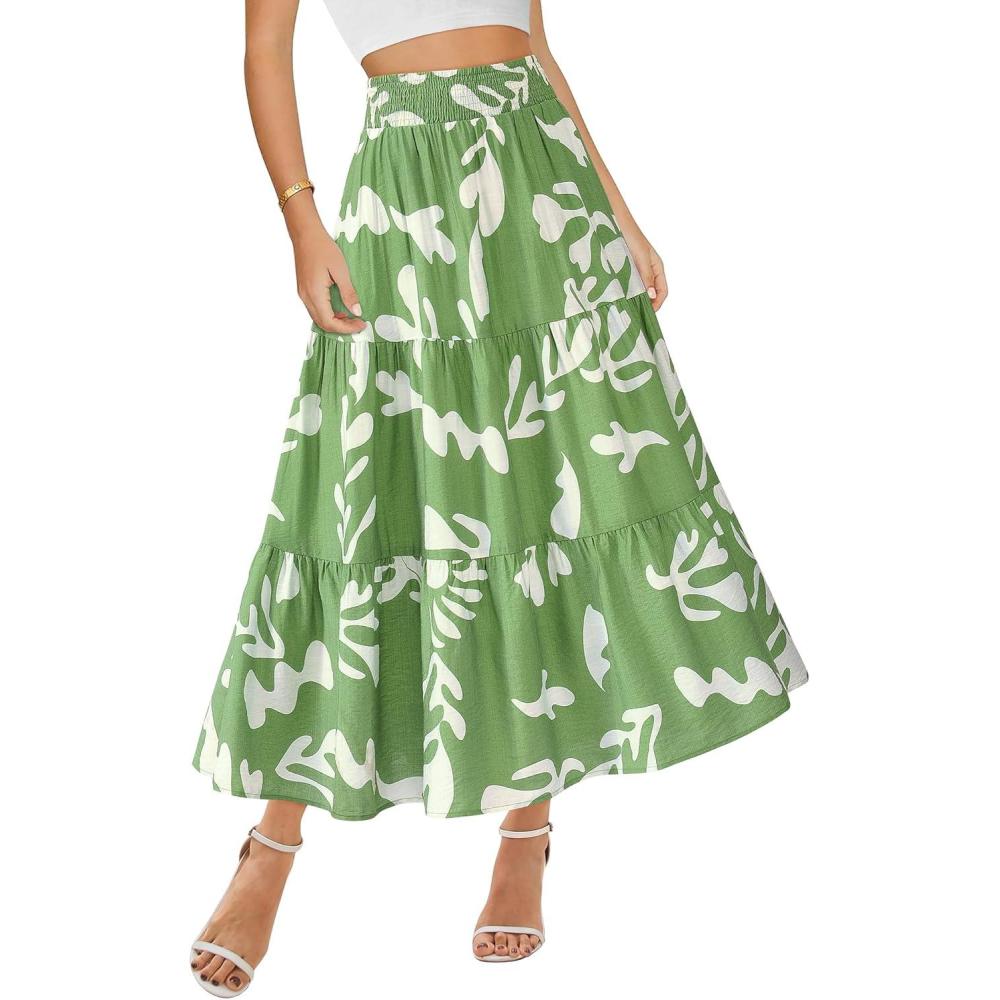 imageBTFBM Skirts for Women Floral Print Fall Fashion 2026 A Line Elastic High Waist Boho Holiday Maxi Skirt PocketsLeaf Green
