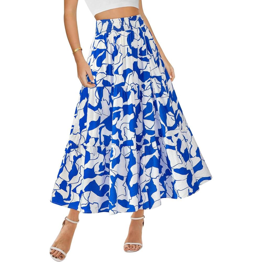 imageBTFBM Skirts for Women Floral Print Fall Fashion 2026 A Line Elastic High Waist Boho Holiday Maxi Skirt PocketsPrint Blue
