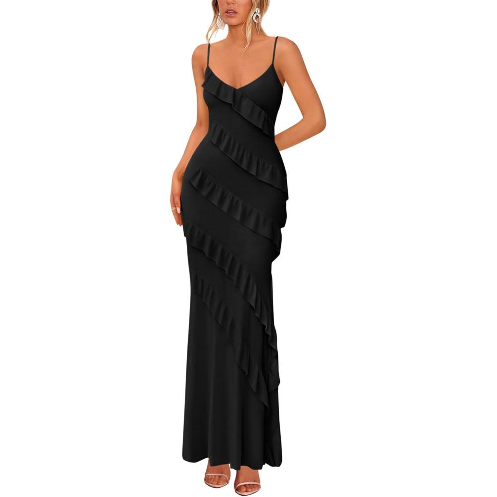 imageBTFBM Spring Dresses for Women 2026 Spaghetti Strap Bodcyon Solid Cocktail Wedding Guest Dress Summer Fashion ClothingBlack