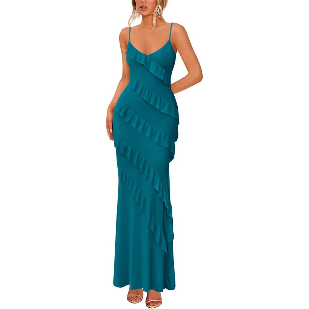 imageBTFBM Spring Dresses for Women 2026 Spaghetti Strap Bodcyon Solid Cocktail Wedding Guest Dress Summer Fashion ClothingLake Blue
