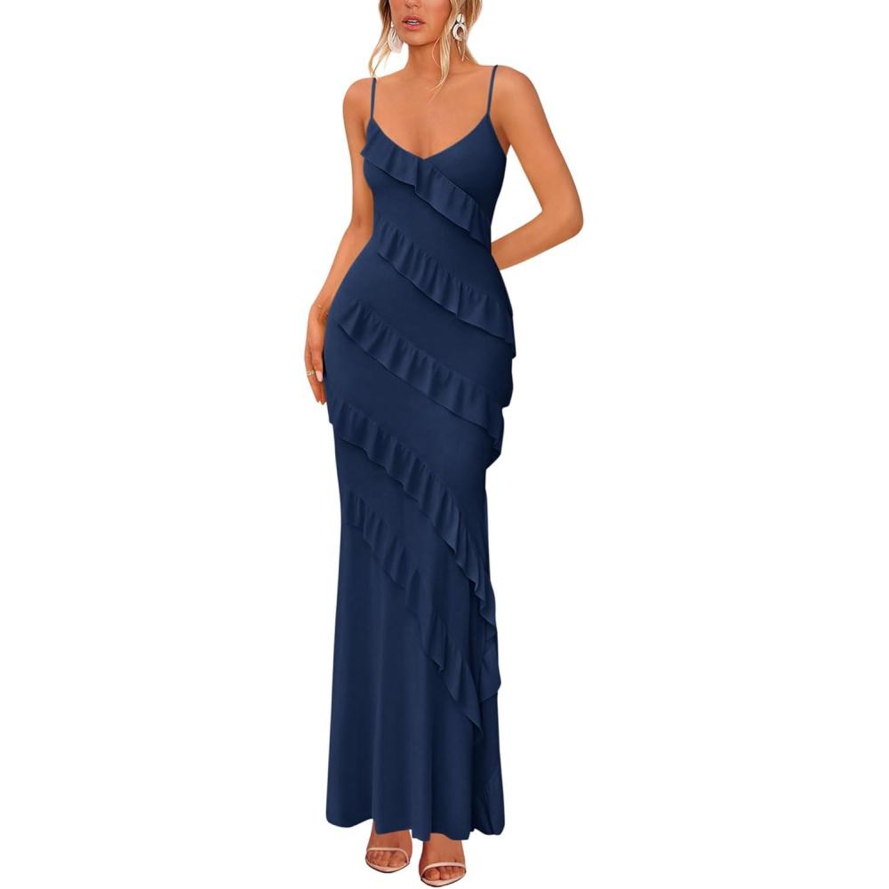 imageBTFBM Spring Dresses for Women 2026 Spaghetti Strap Bodcyon Solid Cocktail Wedding Guest Dress Summer Fashion ClothingNavy Blue