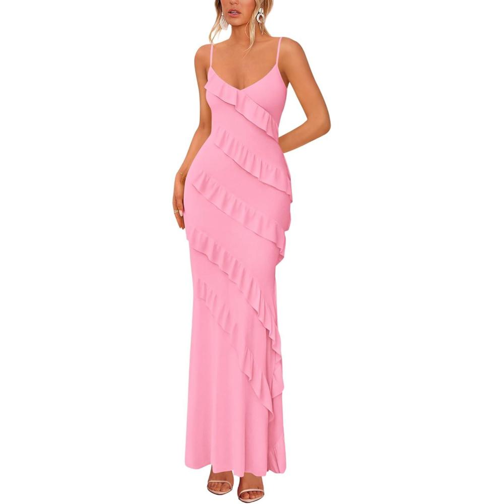 imageBTFBM Spring Dresses for Women 2026 Spaghetti Strap Bodcyon Solid Cocktail Wedding Guest Dress Summer Fashion ClothingPink