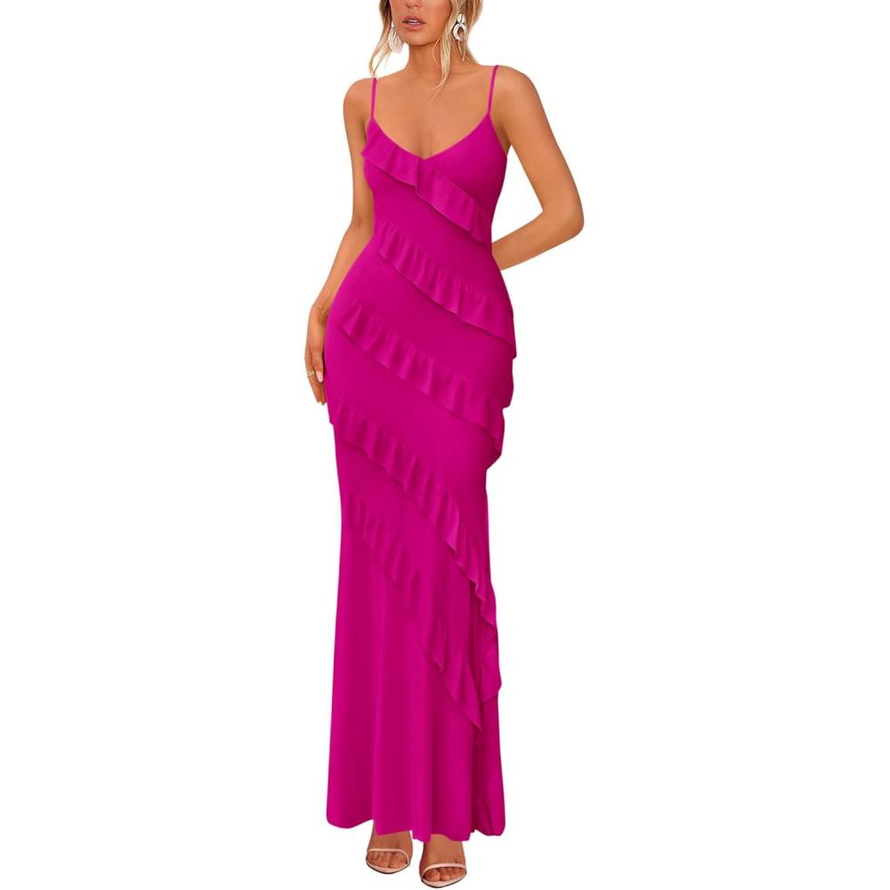 imageBTFBM Spring Dresses for Women 2026 Spaghetti Strap Bodcyon Solid Cocktail Wedding Guest Dress Summer Fashion ClothingRose Red